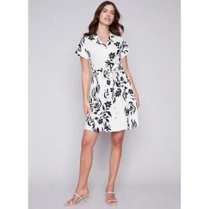 Charlie B Womens Floral Button Front Dress Size G/L Beige Black Belted Casual